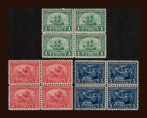 view larger image for  : SG Number 556-558 / Scott Number 548-550 (1920) - The Pilgrim Issue set of three in superb unmounted mint<br/> blocks of four