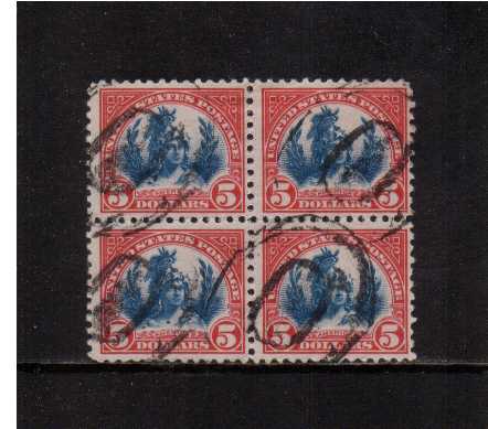 view larger image for  : SG Number 581 / Scott Number 573 (1923) - $5 'freedom Statue' in a fine used block of four. SCOTT Cat $140