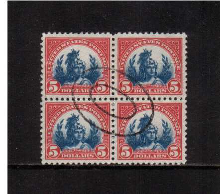 view larger image for  : SG Number 581 / Scott Number 573 (1923) - $5 'freedom Statue' in a superb fine used block of four. A gem! SCOTT Cat $140