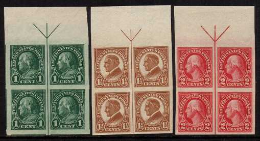 view larger image for  : SG Number 582-584 / Scott Number 575-577 (1923) - Flat Press - Imperforate of three in superb unmounted mint top margin 'arrow blocks' of four. Very pretty!