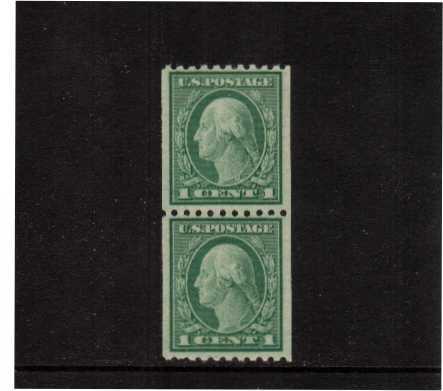 view larger image for The Washington - Franklin Issues 1916-1919 No Wmk - Rotary Press Coils: SG Number 493pr / Scott Number 1c Green (1916) - George Washington<br/>
Coil - Perforation 10 x Imperforate<br/>A superb unmounted mint pair