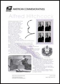 view larger image for  : SG Number 3465 / Scott Number 3226 (1998) - Legends of Hollywood<br/>
Alfred Hitchcock<br/><br/>
<b>COMMEMORATIVE PANEL</b>