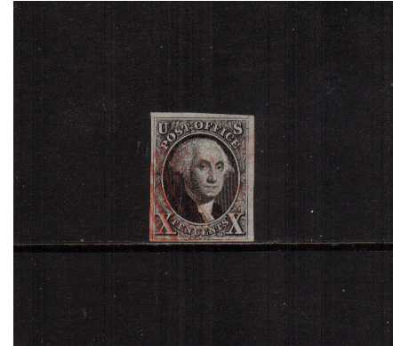 view larger image for The Imperforate Issues The Imperforate Issues: SG Number  / Scott Number 10c Black (1847) - A stunning fine used four margined stamp very lightly cancelled in Red clear of profile and showing a vertical extended frame line in NE corner. A gem!