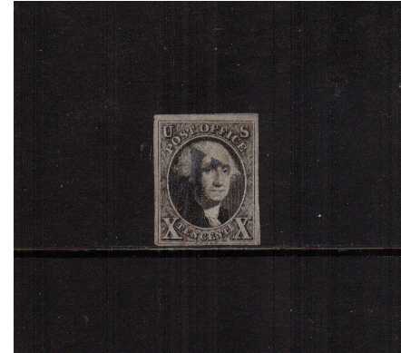 view larger image for The Imperforate Issues The Imperforate Issues: SG Number  / Scott Number 10c Black (1847) - A four margined stamp with part of above stamp but close at foot (but still clear of design) cancelled with a very light Black 'X'