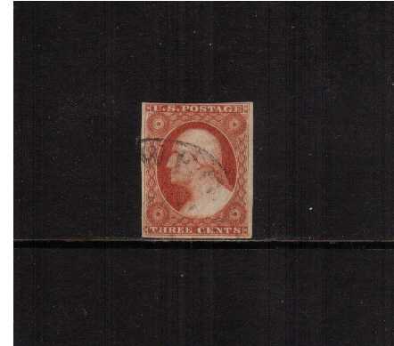 view larger image for The Imperforate Issues The Imperforate Issues: SG Number  / Scott Number 3c Orange Brown - Type I (1851) - A fine used stamp cancelled with part of a circular date stamp with three margins touched at top.
