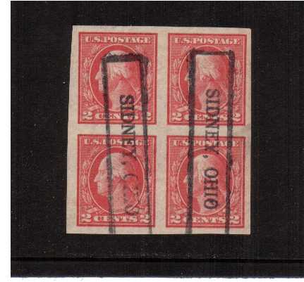 view larger image for The Washington - Franklin Issues 1912 Single Line - Imperforate: SG Number 418 / Scott Number 2c (1912) - George Washington<br/>
A superb fine used block of four cancelled with two strikes of a SIDNEY, OHIO boxed cancel.