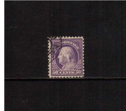 view larger image for The Washington - Franklin Issues 1917-1919 No Wmk - Flat Press - Perf 11: SG Number 524 / Scott Number 50c Red Violet (1917) - George Washington<br/>

A superb fine used single cancelled across the NW corner