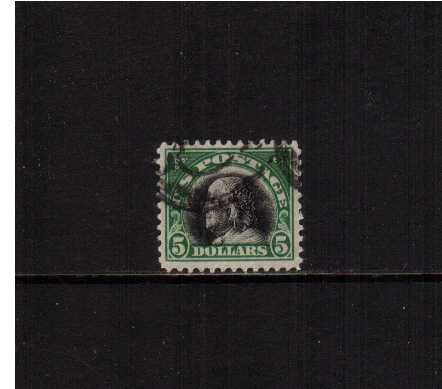 view larger image for The Washington - Franklin Issues 1917-1919 No Wmk - Flat Press - Perf 11: SG Number 528 / Scott Number $5 Green and Black (1917) - Ben Franklin<br/>
A well centered bright and fresh fine used single