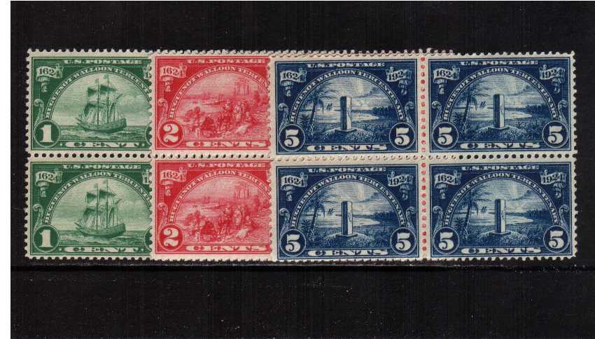 view larger image for Commemoratives 1920 - 1934 All Commemoratives - Early Period Commemoratives: SG Number 618-620 / Scott Number Hugenot-Walloon Issue (1924) - Set of three in superb lightly mounted mint blocks of four