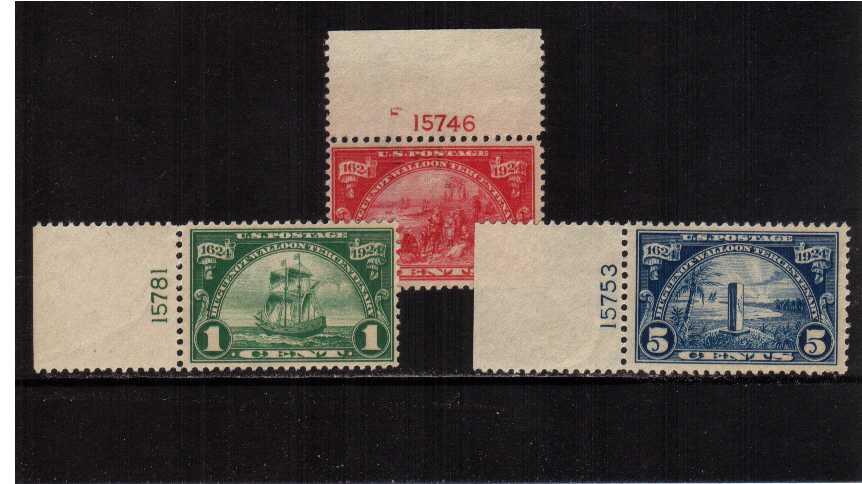 view larger image for Commemoratives 1920 - 1934 All Commemoratives - Early Period Commemoratives: SG Number 618-620 / Scott Number Hugenot-Walloon Issue (1924) - Set of three unmounted mint plate number singles