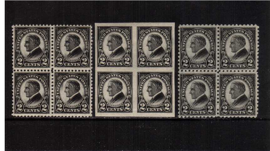 view larger image for Commemoratives 1920 - 1934 All Commemoratives - Early Period Commemoratives: SG Number 614-616 / Scott Number President Harding Memorial (1923) - Set of three in blocks of four lightly mounted on top two stamps, lower stamps completely unmounted.