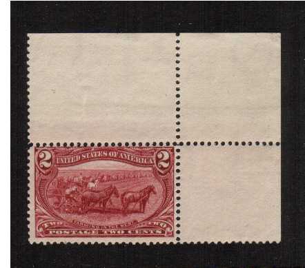 view larger image for Commemoratives 1898 Transmiss - Early Period Commemoratives: SG Number 292 / Scott Number 2c Farming (1898) - A superb unmounted mint single from the NE corner of the sheet with full margins. Hinged on margin, stamp is unmounted mint. Pretty!