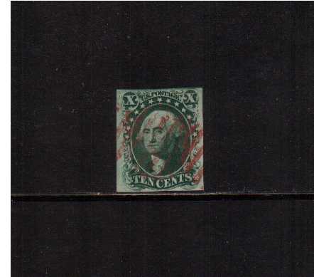 view larger image for The Imperforate Issues The Imperforate Issues: SG Number  / Scott Number 10c Green - Type I (1855) - A superb four margined stamp, cut square very lightly cancelled with a Red Bar cancel. Very pretty!