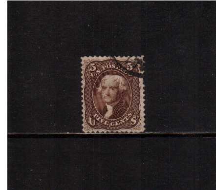 view larger image for Early Issues To 1906 Early Issues To 1906: SG Number 72a / Scott Number 5c Thomas Jefferson - Brown (1863) - A superb fine used stamp with a short perforation near the cancel. Pretty!