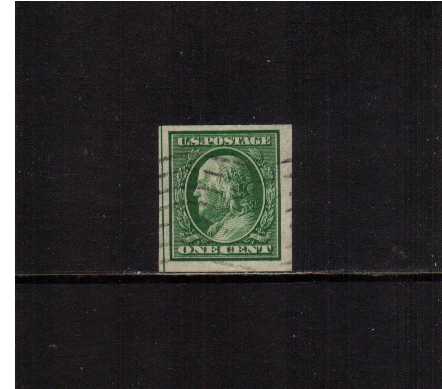 view larger image for The Washington - Franklin Issues 1908-1909 Double Line wmk - Imperforate: SG Number 350 / Scott Number 1c Green (1908) - Ben Franklin<br/>
A superb fine used single cancelled with wavy lines with large margins