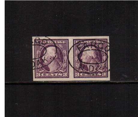 view larger image for The Washington - Franklin Issues 1908-1909 Double Line wmk - Imperforate: SG Number 352 / Scott Number 3c Violet (1908) - George Washington<br/>
A stunning fine used pair cancelled FARGO - N DAK. so pertty!
