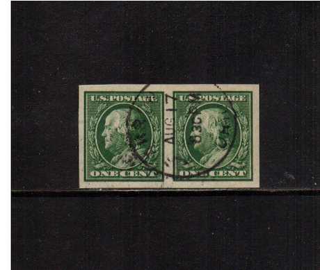 view larger image for The Washington - Franklin Issues 1910-1911 Single Line Wmk - Imperforate: SG Number 390 / Scott Number 1c (1911) - Ben Franklin<br/>
Superb fine used pair cancelled with a large circular date stamp. Pretty!