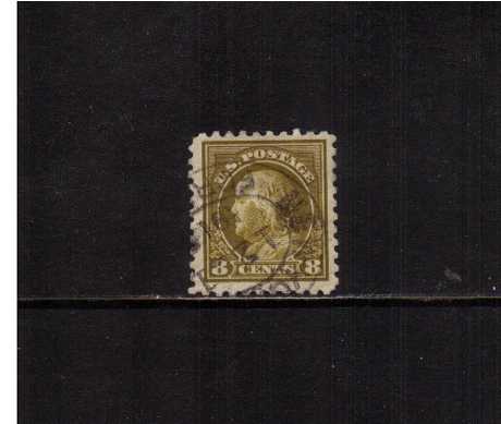 view larger image for The Washington - Franklin Issues 1914-1915 Single Line Wmk - Flat Press - Perf 10: SG Number 439 / Scott Number 8c (1914) - Ben Franklin<br/>
A superb fine used single