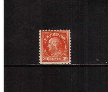 view larger image for The Washington - Franklin Issues 1914-1915 Single Line Wmk - Flat Press - Perf 10: SG Number 446 / Scott Number 30c (1914) - Ben Franklin<br/>
A reasonable mounted mint single