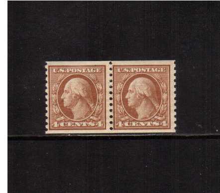 view larger image for The Washington - Franklin Issues 1915 Single Line Wmk - Rotary Press Coils: SG Number 463pr / Scott Number 4c Brown (1915) - George Washington<br/>
Coil -  Imperforate x Perforation 10<br/>
A fine lightly mounted mint pair.