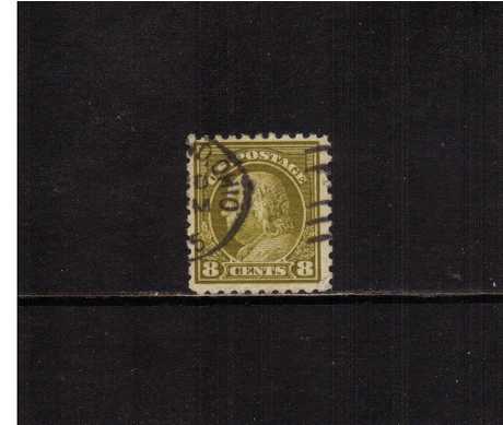 view larger image for The Washington - Franklin Issues 1916-1917 No Wmk - Flat Press - Perf 10: SG Number 476 / Scott Number 8c Olive Green (1916) - Ben Franklin<br/>
A superb fine used single