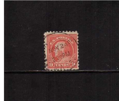 view larger image for The Washington - Franklin Issues 1916-1917 No Wmk - Flat Press - Perf 10: SG Number 477 / Scott Number 9c Salmon Red (1916) - Ben Franklin<br/>
A superb fine used single cancelled with a large circular date stamp.