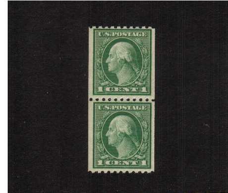 view larger image for The Washington - Franklin Issues 1916-1919 No Wmk - Rotary Press Coils: SG Number 493pr / Scott Number 1c Green (1916) - George Washington<br/>
Coil - Perforation 10 x Imperforate<br/>
A superb unmounted mint pair