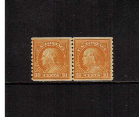 view larger image for The Washington - Franklin Issues 1916-1919 No Wmk - Rotary Press Coils: SG Number 504pr / Scott Number 10c (1916) - George Washington<br/>
Coil - Imperforate x Perforation 10<br/>
A superb unmounted mint pair.