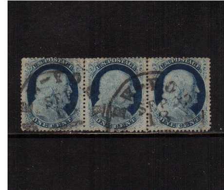 view larger image for Early Issues To 1906 Early Issues To 1906: SG Number  / Scott Number 1c Blue - Type V (1857) - A superb fine used strip of threecancelled with two strikes of a bold circular date stamp