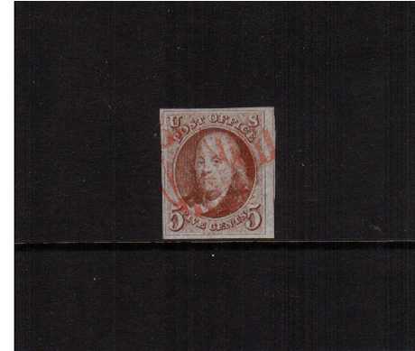 view larger image for  : SG Number 1 / Scott Number 1 (1847) - A n amazing stamp with four huge margins and parts of stamp at right lightly cancelled in Red. A gem!