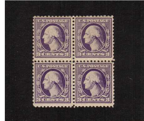 view larger image for The Washington - Franklin Issues 1918-1920 Offset Printings - Perf 11: SG Number 536 / Scott Number 3c Violet - Type III (1918) - George Washington<br/>
A superb very lightly mounted mint block of four