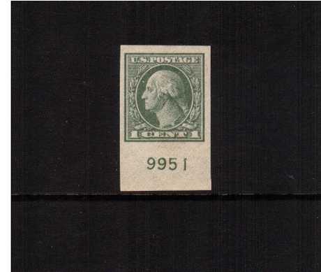 view larger image for The Washington - Franklin Issues 1918-1920 Offset Printings - Imperforate: SG Number 538 / Scott Number 1c Green (1918) - George Washington<br/>
A superb lightly mounted mint lower marginal plate number single.
