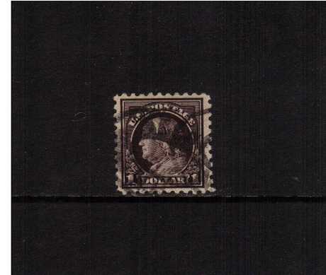 view larger image for The Washington - Franklin Issues 1916-1917 No Wmk - Flat Press - Perf 10: SG Number 484 / Scott Number $1 Violet Black (1916) - Ben Franklin<br/>
A fine used single