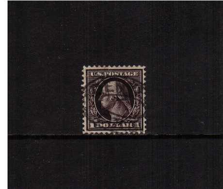 view larger image for The Washington - Franklin Issues 1908-1909 Double Line Wmk Perf 12: SG Number 349 / Scott Number $1 Violet Black (1908) - George Washington<br/>
A superb very fine used single