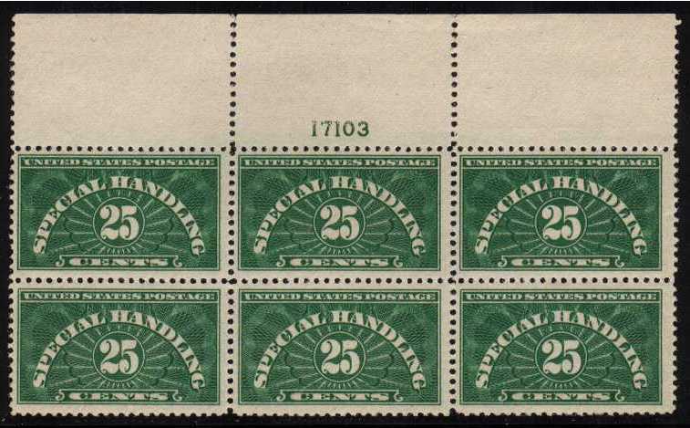 view larger image for Plate Number Blocks Plate Number Blocks: SG Number SH628 / Scott Number 25c Yellow Green (1910) - A superb unmounted mint top marginal plate block of six showing plate number 17103
