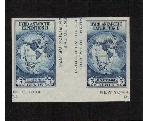 view larger image for Commemoratives 1934-35 National Parks - Early Period Commemoratives: SG Number - / Scott Number 3c Byrd (1935) - A superb unmounted mint gutter pair<br/>Imperforate
<br/><br/>
Issued without gum