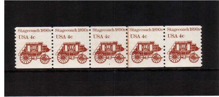 view larger image for Plate Number Coils Plate Number Coils: SG Number 1869 / Scott Number 4c Stagecoach (1982) - A superb unmounted mint strip of five showing plate number 4