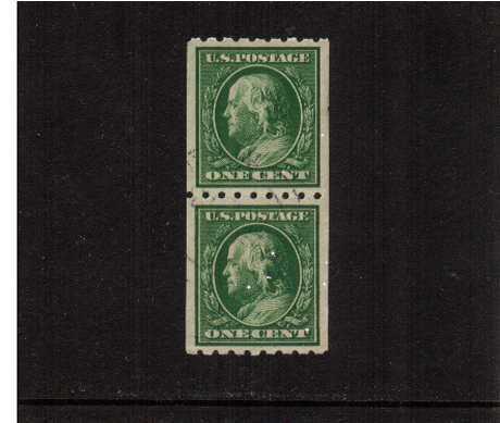view larger image for The Washington - Franklin Issues 1910-1911 Single Line Wmk - Coils: SG Number 397pr / Scott Number 1c Green (1910) - Ben Franklin<br/>
Coil - Perforation 8� x Imperforate<br/>
a superb fine used pair