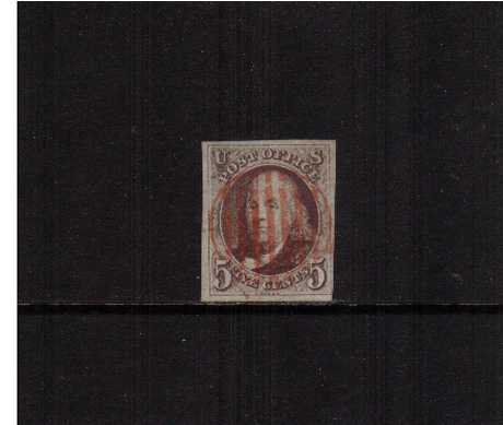 view larger image for  : SG Number 1 / Scott Number 1 (1847) - A superb four margined stamp 'socked-on-the-nose' with a circular Red grid cancel. The stamp has the benefit of a PHILATELIC FOUNDATION certificate. Pretty!
