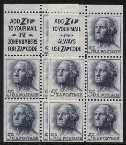 view larger image for Definitive singles from  1961 - 1977: SG Number 1207var / Scott Number 2c x5 (1963) - George Washington<br/>
Booklet pane of five with Slogan Type 2 'Use Zone Numbers' and Slogan type 3 'Always Use Zip' BOTH are 'TAGGED' both superb unmopunted mint. Scarce.