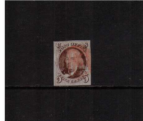 view larger image for The Imperforate Issues The Imperforate Issues: SG Number 1 / Scott Number 5c Red Brown (1847) - A fine used stamp with four margins close but clear of frame line at to left and well clear on others with the benefit of a PSE certificate.