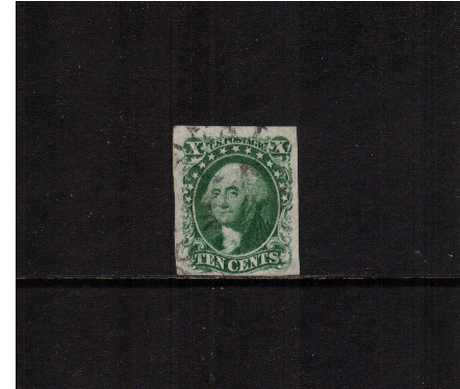 view larger image for The Imperforate Issues The Imperforate Issues: SG Number  / Scott Number 10c Green - Type I (1855) - A superb fine used stamp very lightly cancelled with four huge margins with the benefit of a PHILATELIC FOUNDATION certificate stating that there is a 'small repair at top center' which, due to the size of the margin is well clear of the design anyway!