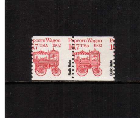 view larger image for  : SG Number 2170bvar / Scott Number 2261var (1988) - Popcorn Wagon<br/>
A superb unmounted mint pair with an excellent perforation shift to  right resulting in inscription 'BULK RATE' on wrong side.