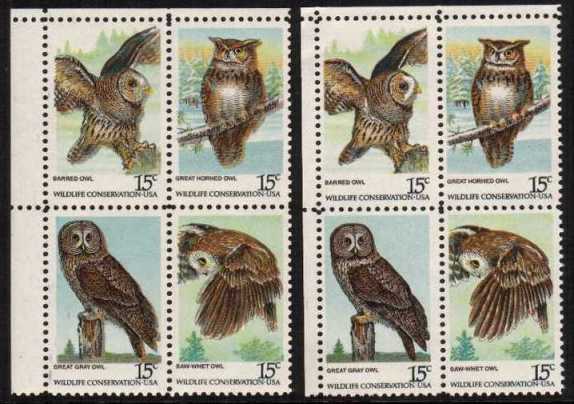 view larger image for Commemoratives 1977 - 1980 - Middle Period Commemoratives: SG Number 1734avar / Scott Number Wildlife - Owls (1978) - A superb unmounted mint NW corner block showing multiple colour shifts.