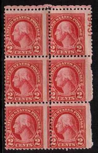 view larger image for  : SG Number 634var / Scott Number 634var (1926) - George Washington<br/>
A superb unmounted mint NE Plate block of six showing a large perforation shift to right this adding most of the plate number.