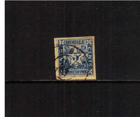 view larger image for Confederate States Confederate States: SG Number 2 / Scott Number 5c Blue - MOBILE, ALABAMA (1861) - A fine used four margined stamp tied to a small piece with a double ring Circular Date Stamp. Scarce!