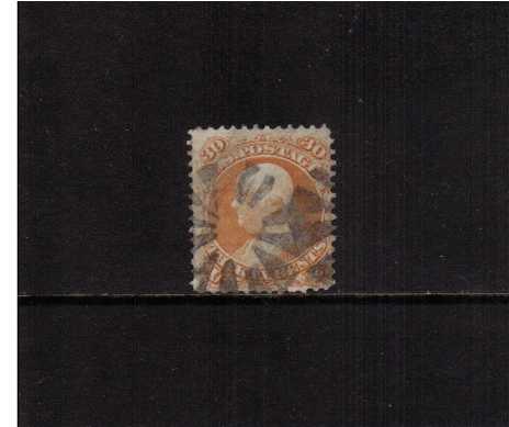 view larger image for Early Issues To 1906 Early Issues To 1906: SG Number 67 / Scott Number 30c Ben Franklin (1861) - A good fine used stamp cancelled with a light black fancy cancel.