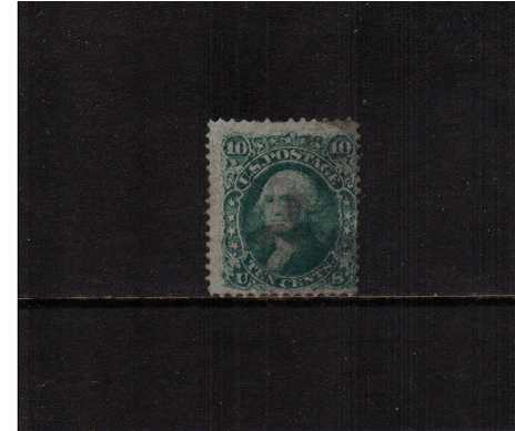 view larger image for Early Issues To 1906 Early Issues To 1906: SG Number 91 / Scott Number 10c George Washington - 'E' Grill - 11x13mm (18) - A used example of this scarce stamp on very thin paper (listed variety) and good  grill. Note the stamp has one shortish perf at top, not two. the other perf that appears to be completely missing has black ink on it! SCOTT Cat $350