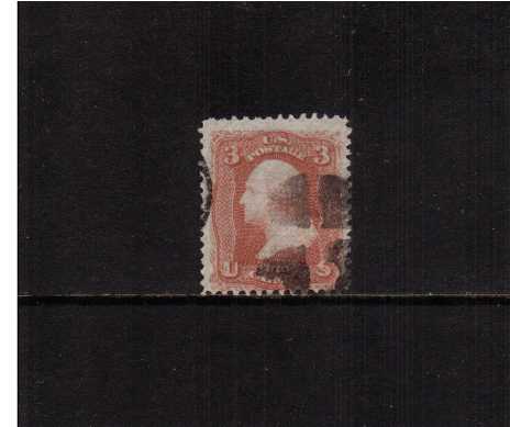 view larger image for Early Issues To 1906 Early Issues To 1906: SG Number 96 / Scott Number 3c George Washington - 'F' Grill - 9x13mm (1868) - A good fine used stamp cancelled just clear of profile with a cork cancel and with good centering.