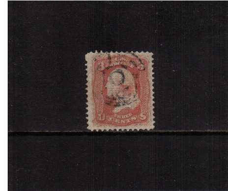 view larger image for Early Issues To 1906 Early Issues To 1906: SG Number 96 / Scott Number 3c George Washington - 'F' Grill - 9x13mm (1868) - A good sound used stamp with a bold grill and good centering for this issue and showing a broken perf pin variety near NW corner.